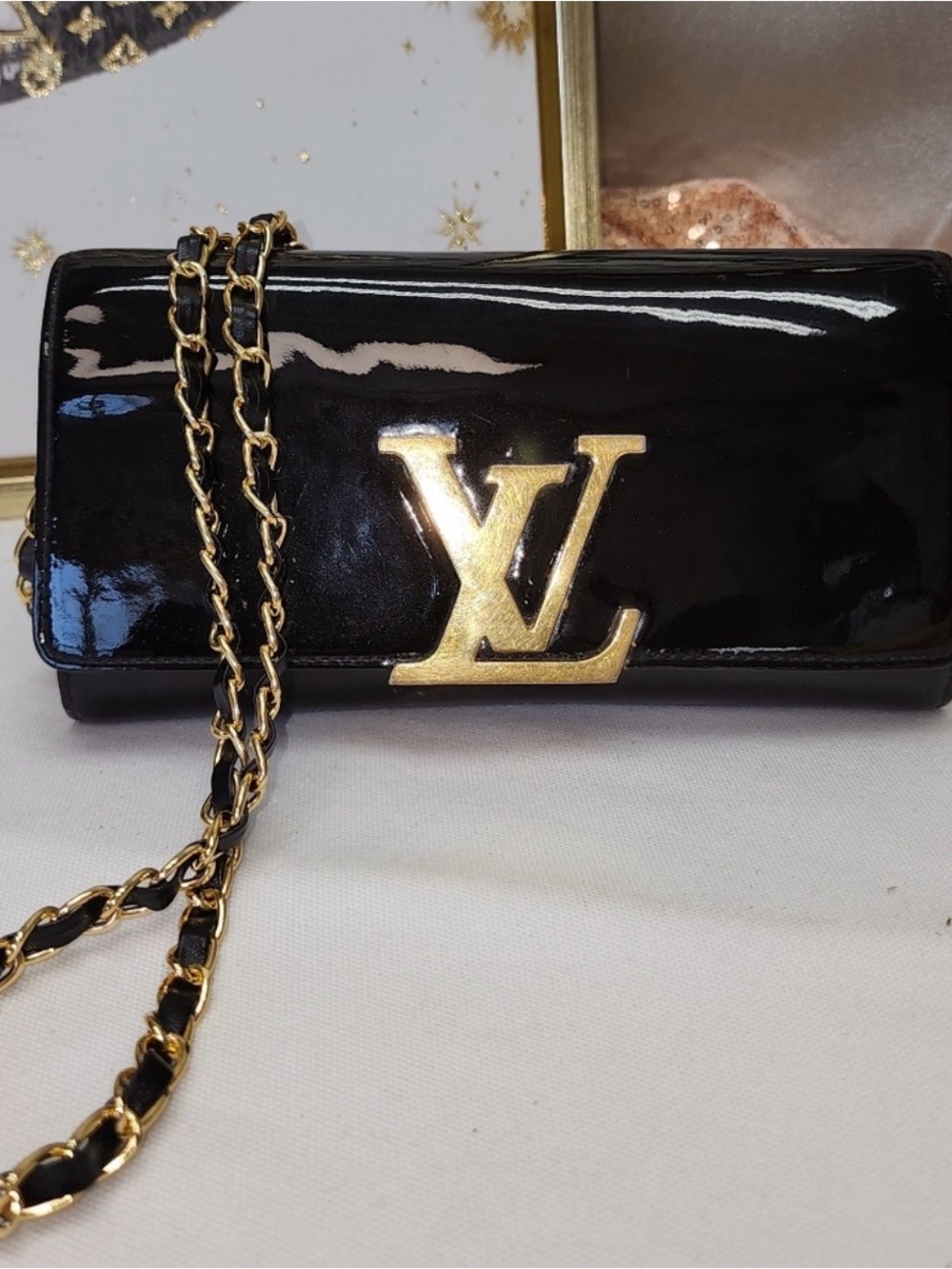 Louis Vuitton Black Patent Leather Gold-Trim Chain Clutch